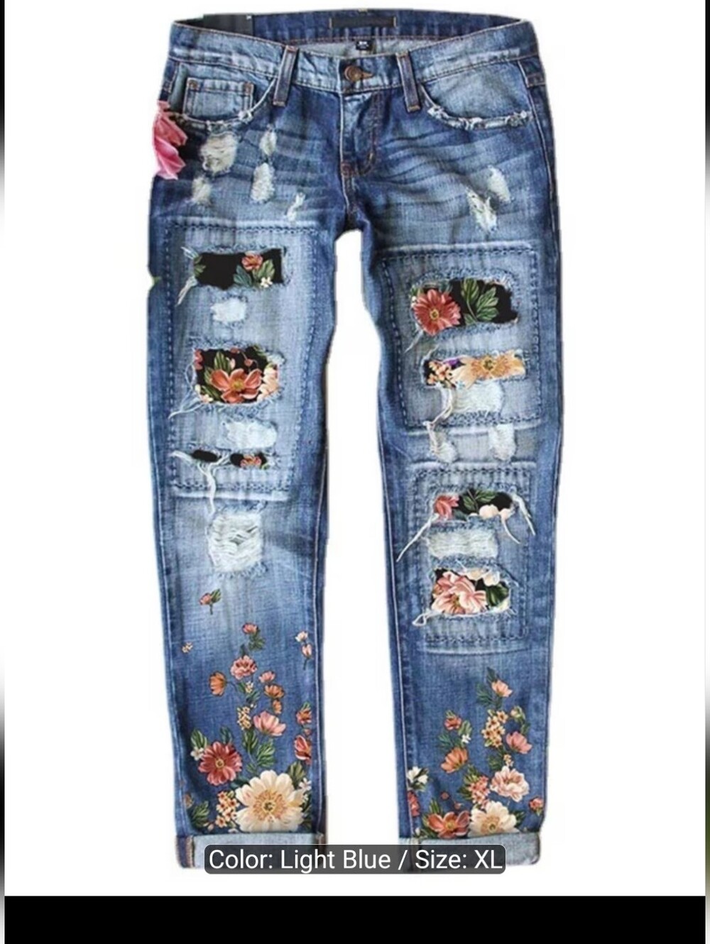 Floral Patchwork Distressed Women’s Jeans - Blue